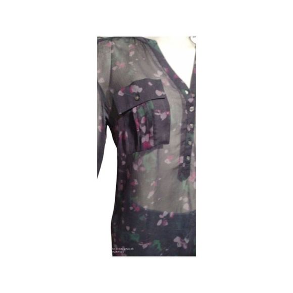 Sheer Long Sleeve V-Neck Top Eddie Bauer Size XS EUC Black & Pink Buttons Pocket - Picture 5 of 8